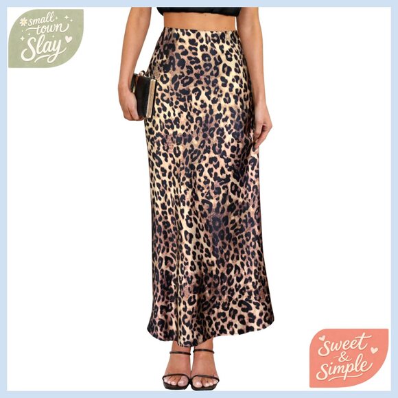 Satin Maxi Skirt High Waisted Elastic Waistband A-Line Party Casual